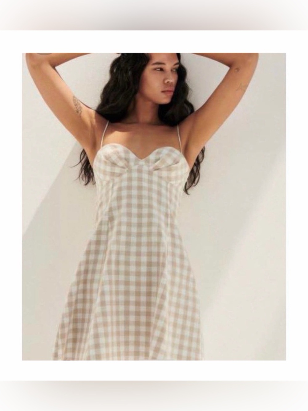 Zara Beige and White Gingham Mini Dress with Sweetheart Bustier Top